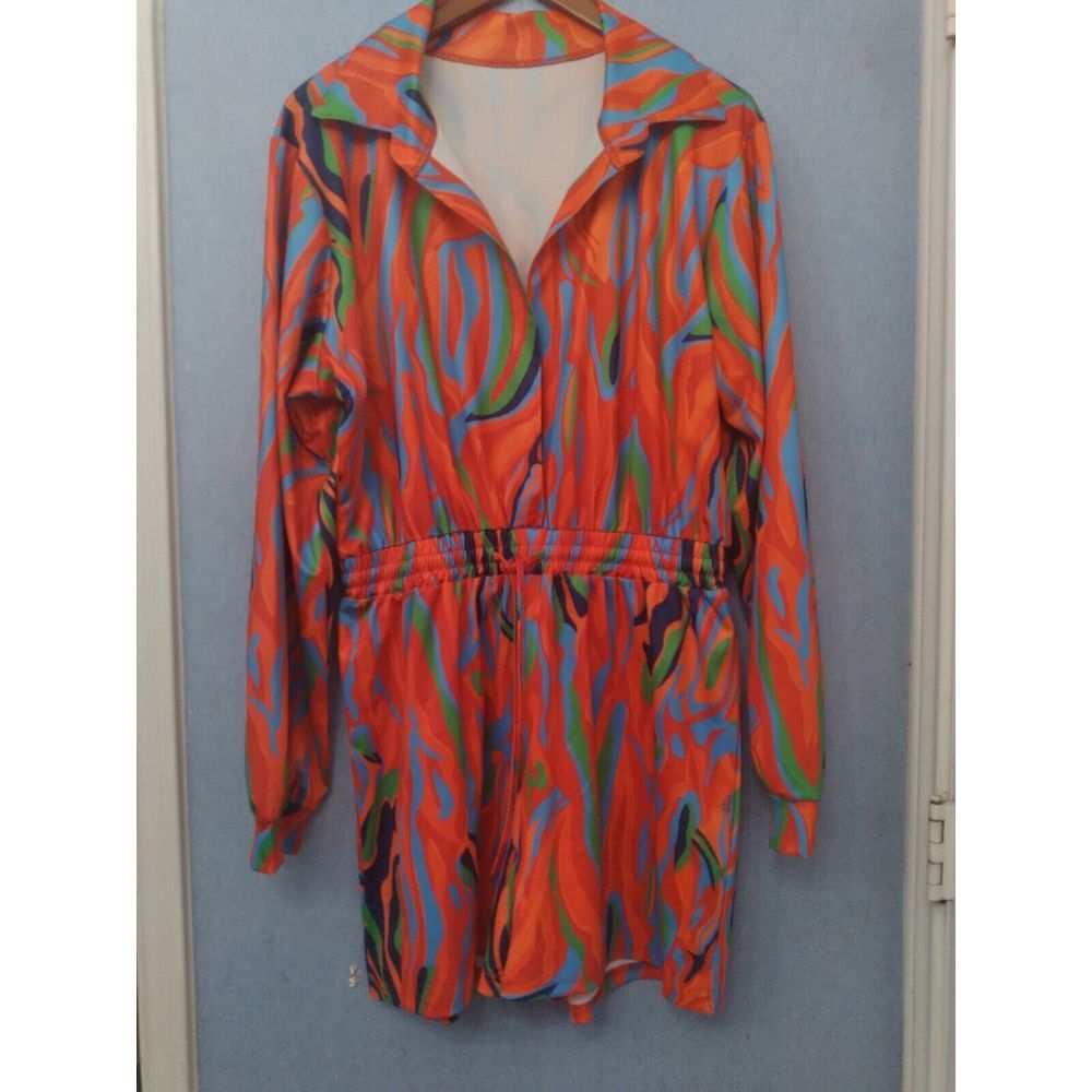 Vibrant Abstract Print Long‎ Sleeve Zip-Up Mini Dress Elastic Waist Orange Multi